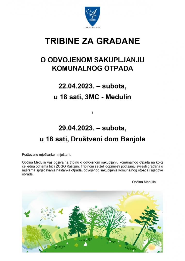 Tribine za građane o odvojenom sakupljanju otpada - 22. travnja u Medulinu i 24. travnja u Banjolama
