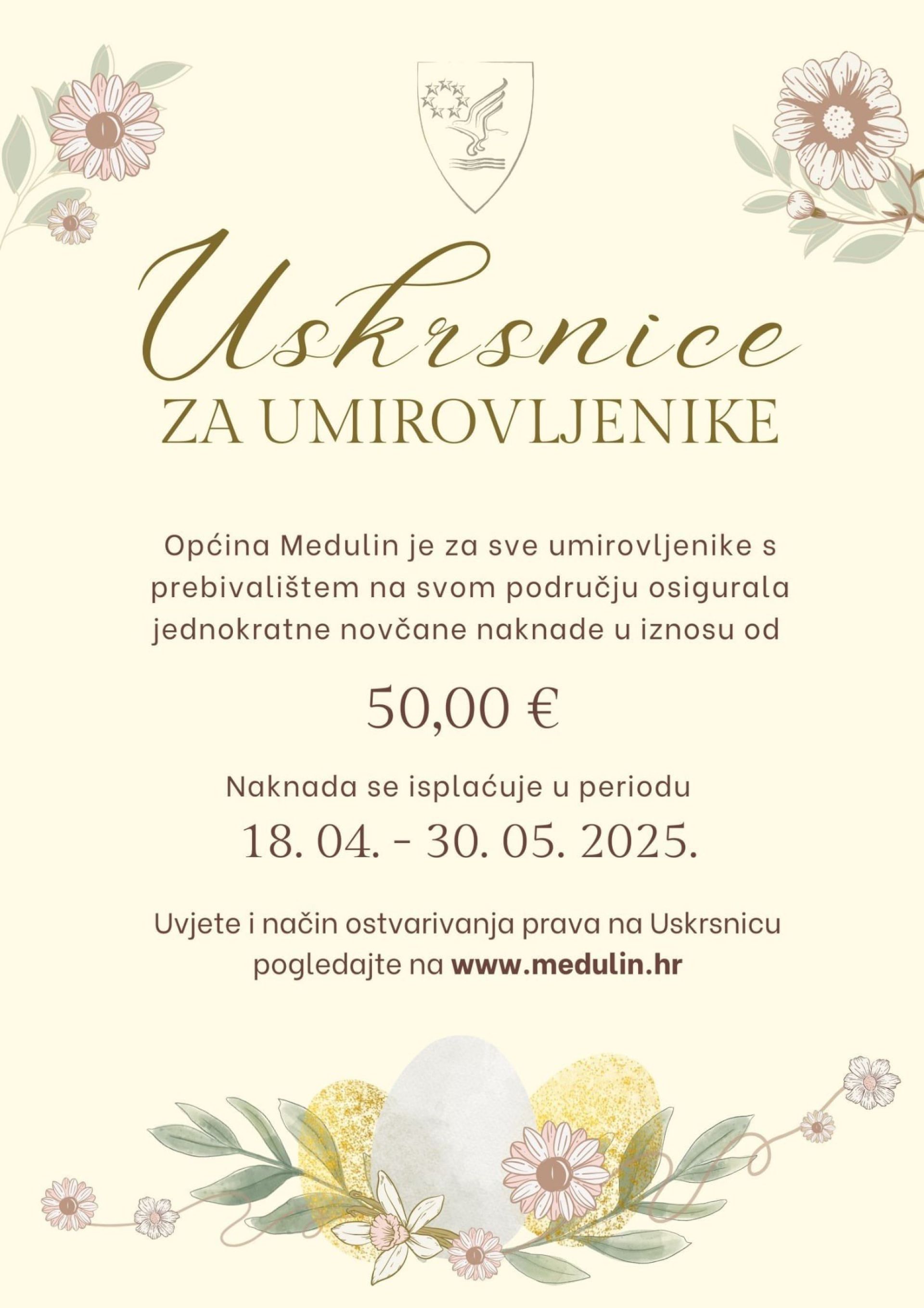 Općina Medulin svim umirovljenicima isplaćuje novčane naknade povodom uskršnjih blagdana