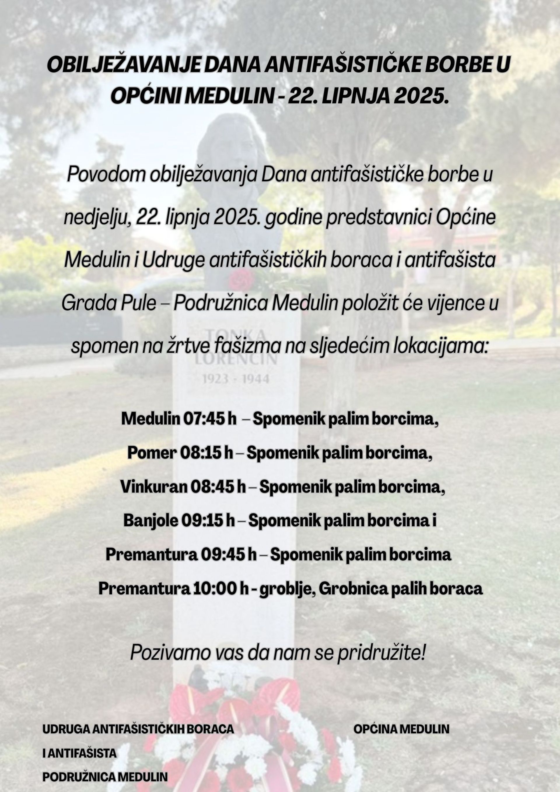 Poziv na obilježavanje dana antifašističke borbe u Općini Medulin – 22. lipnja 2025.