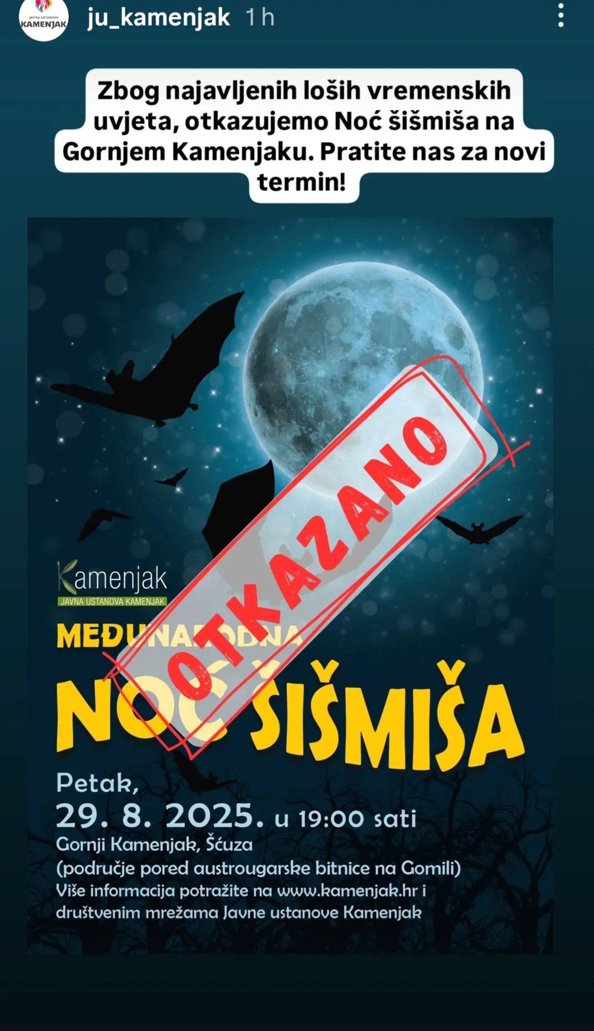 JU Kamenjak - Noć šišmiša - Otkazano