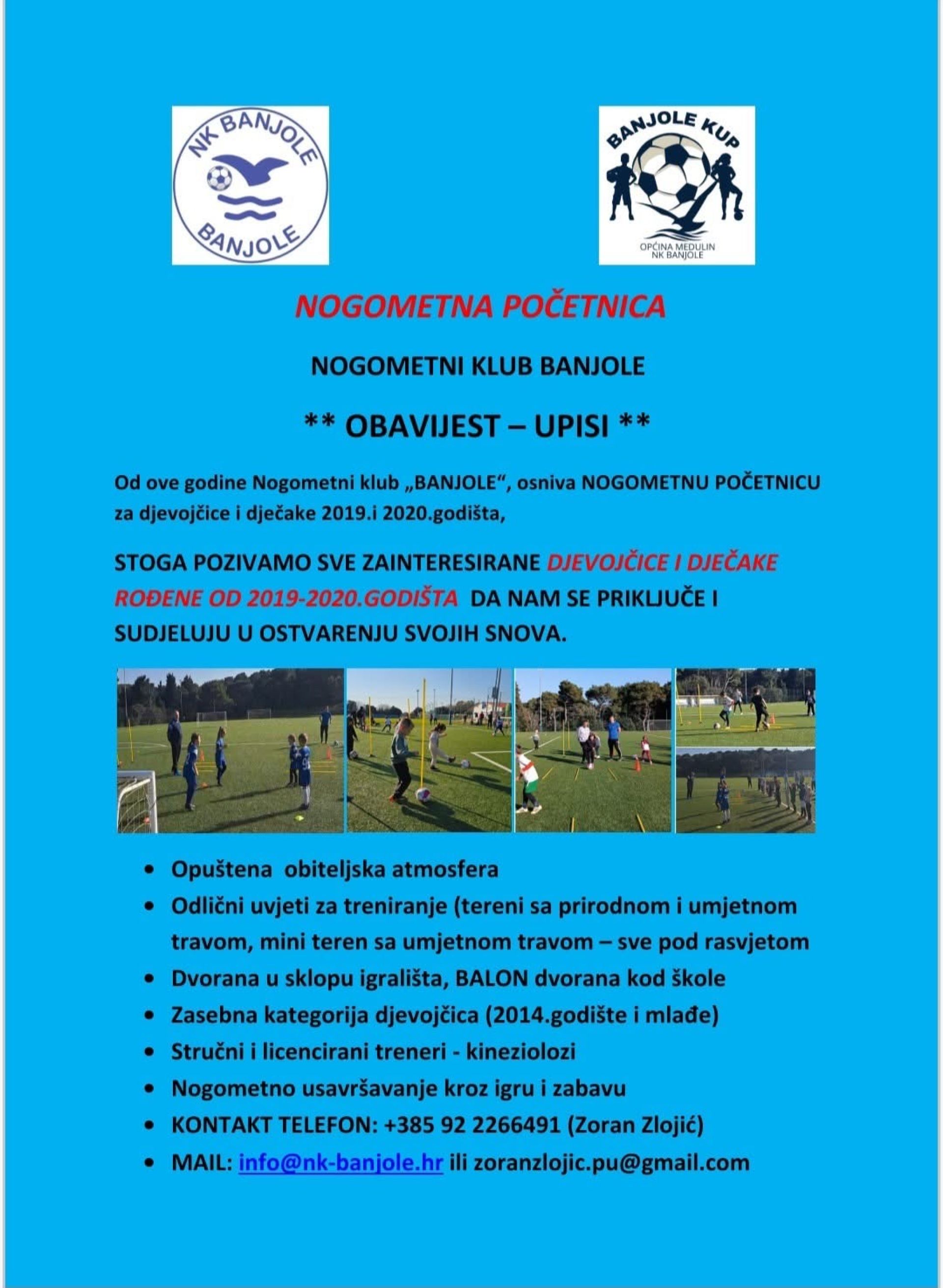 NK Banjole - obavijest o upisima u nogometnu početnicu