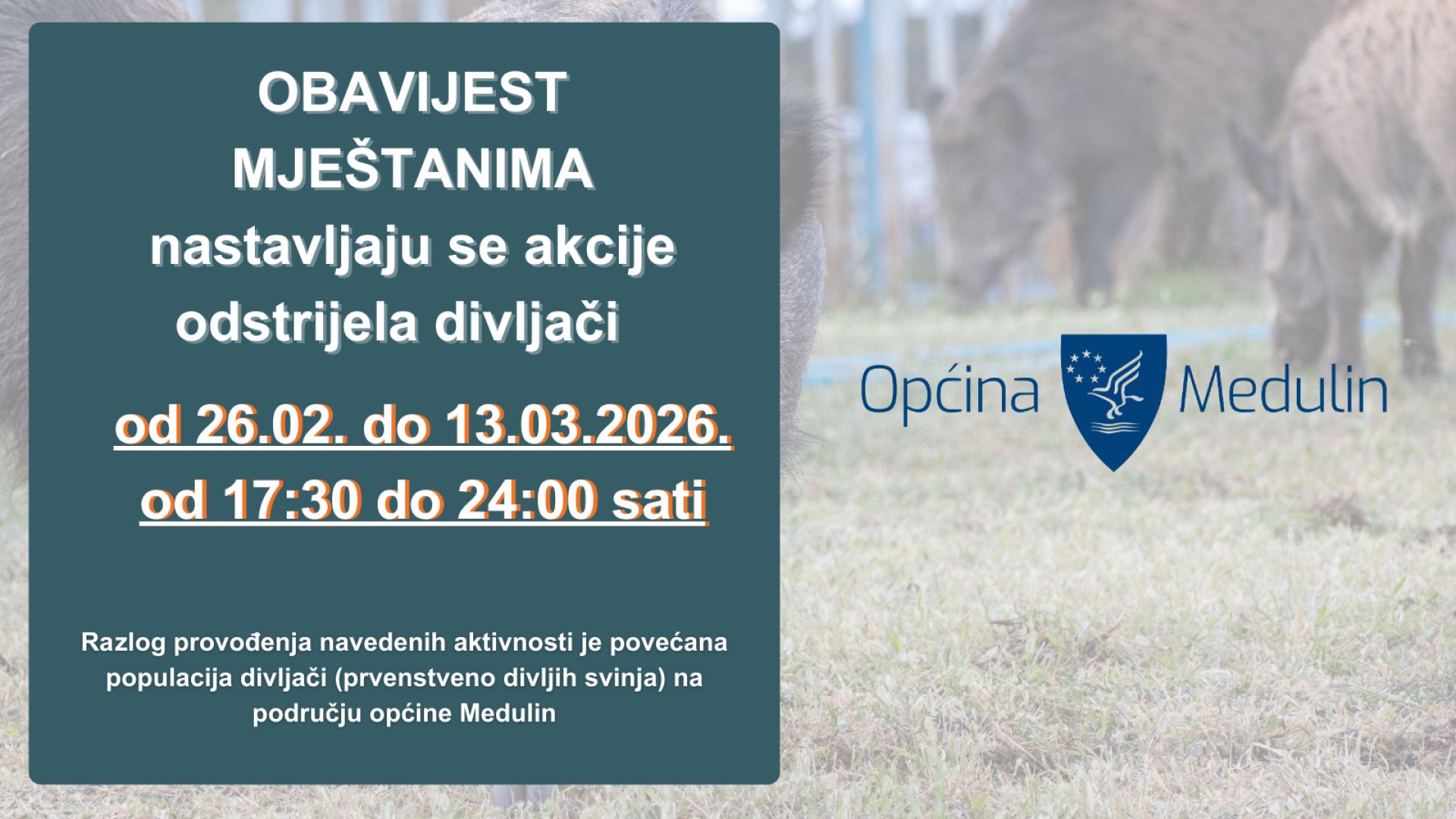 Obavijest mještanima - nastavlja se akcija odstrijela divljači na području općine Medulin