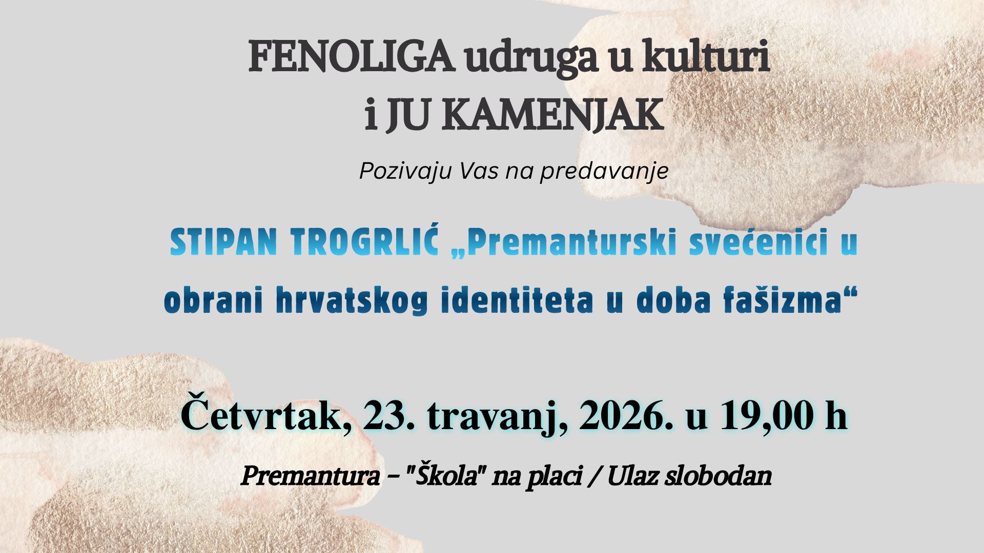 FENOLIGA udruga u kulturi i JU KAMENJAK  - predavanje STIPAN TROGRLIĆ „Premanturski svećenici u obrani hrvatskog identiteta u doba fašizma“ 23.04.